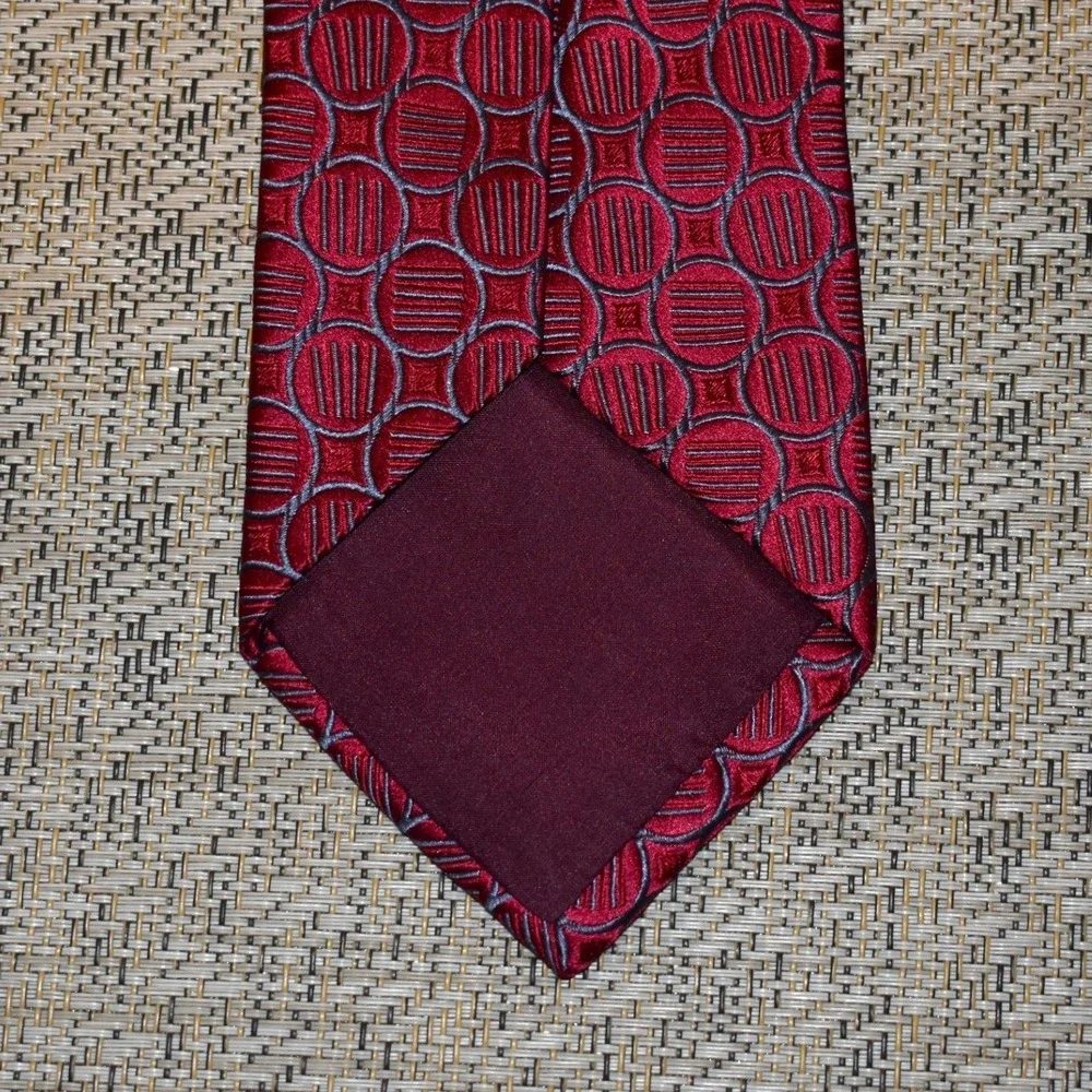 Charvet Silk Necktie Mens OS Red Grey Geometric Circles Made in France Excellent